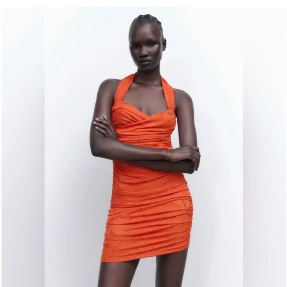 Zara Orange Rushed Dress - Picture 2 of 6